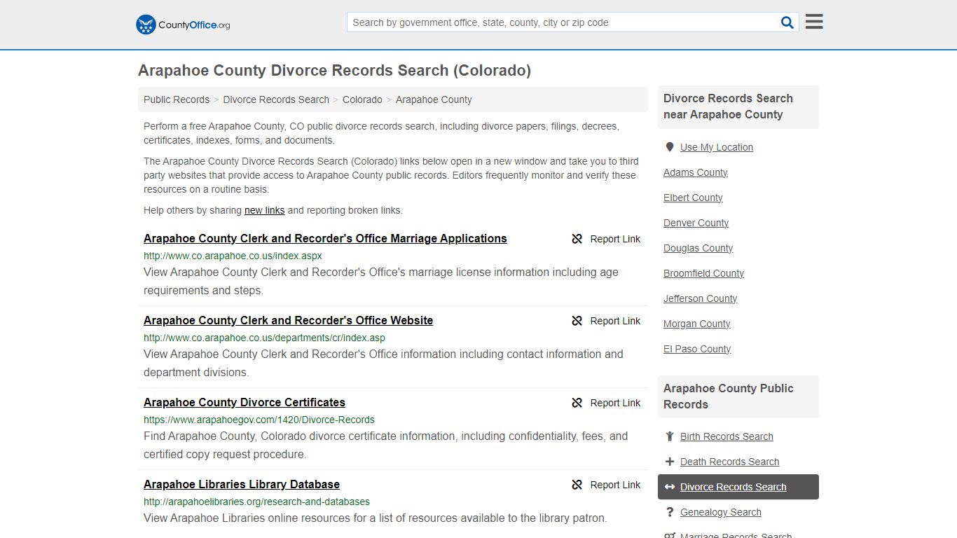 Arapahoe County Divorce Records Search (Colorado) - County Office